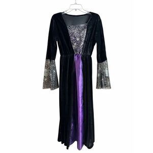 Sorcery Witch Costume Black Velvet Purple Spiderweb Gothic Halloween Dress